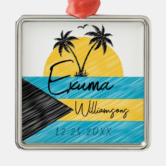 Exuma Bahamas Flag Palm Tree Sunset Souvenirs Ornament Aus Metall (Vorne)