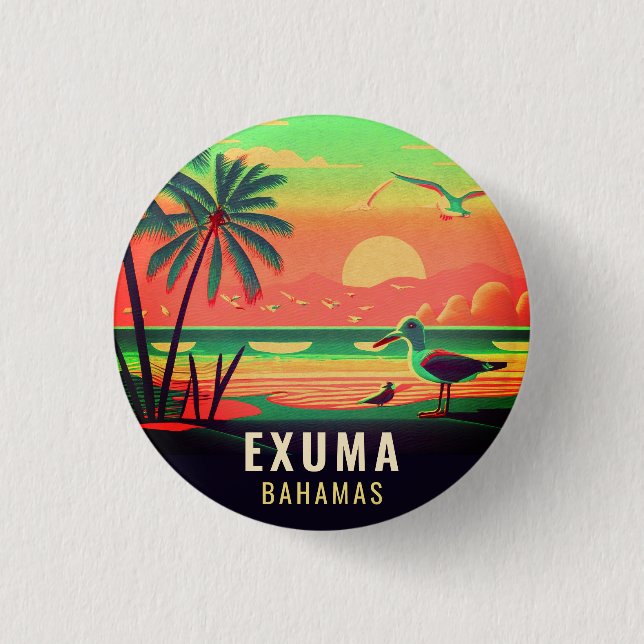 Exuma Bahamas Retro Sunset Seagull Souvenir 1950s Button (Vorderseite)