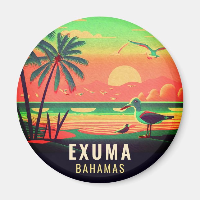 Exuma Bahamas Retro Sunset Seagull Souvenir 1950s Magnet (Vorne)