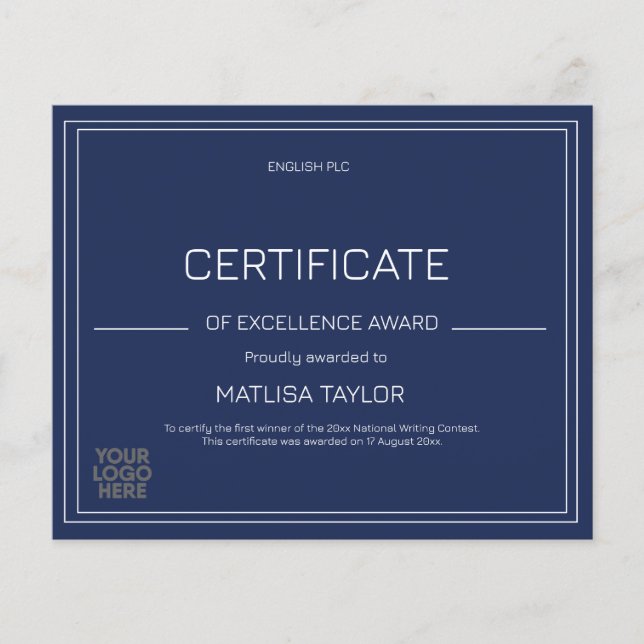 Exzellenzzertifikat Navy Add Logo (Vorderseite)