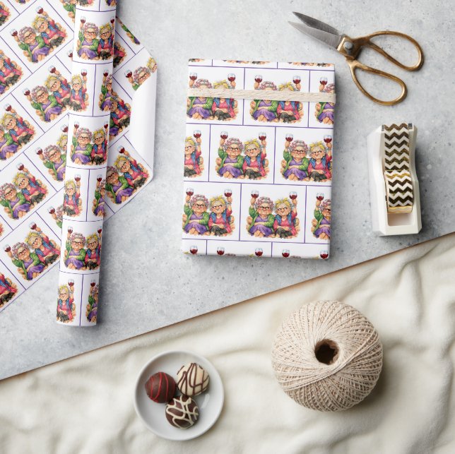 Exzentrische alte Damen mit Rotwein Geschenkpapier (Kunsthandwerk)