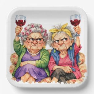 Exzentrische alte Damen mit Rotwein Pappteller
