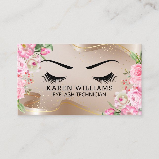 Eye Lash | Gold Ribbon | Pinke Blumen Visitenkarte (Vorderseite)