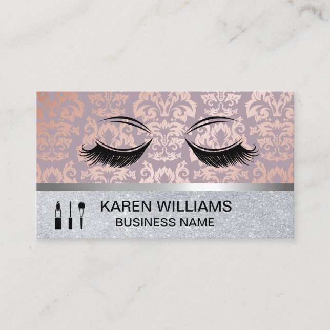 Eye Lashes Rose Gold Damask Muster | GLITZER Visitenkarte (Vorderseite)