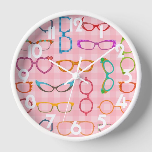 Eyegbrille Retro Moderner Hipster mit Pink Gingham Wanduhr (Vorderseite)