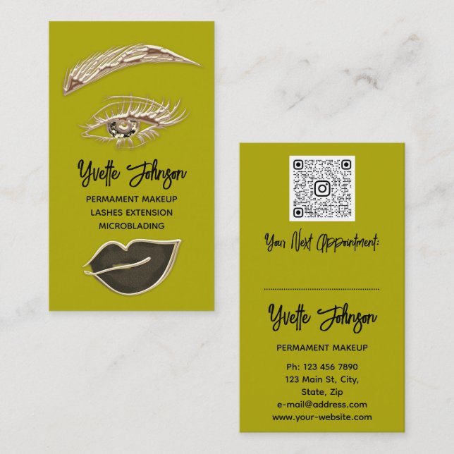 Eyelash Brows Makeup Logo QRCode Lip Gold Mustard Visitenkarte (Vorne/Hinten)