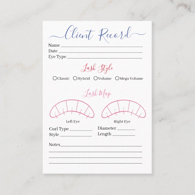 Eyelash-Client-Record Form Business Card Visitenkarte (Vorderseite)