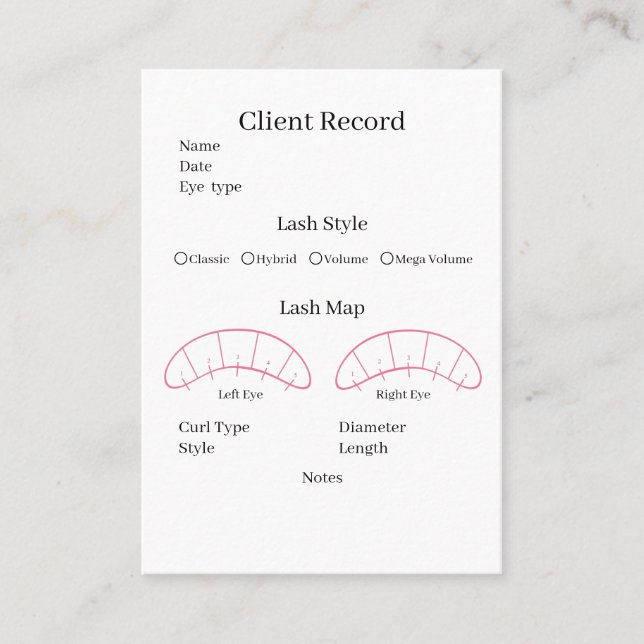 Eyelash-Client-Record Form Business Card Visitenkarte (Vorderseite)