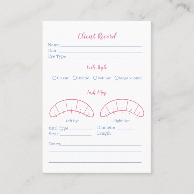 Eyelash Extension Client Record Form, Rosa, Blau Visitenkarte (Vorderseite)