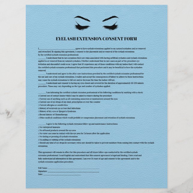 EYELASH EXTENSION CONSENT FORMULAR FÜR BLUE Leder Flyer (Vorne)