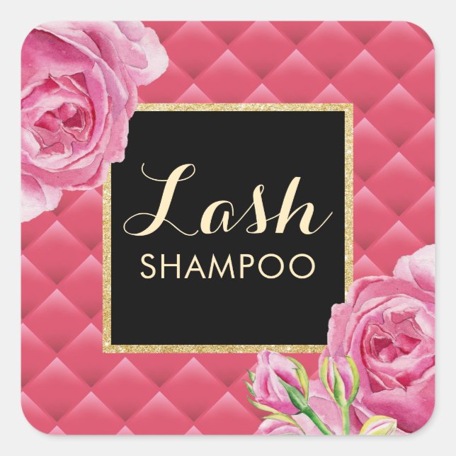 Eyelash Extension Lash Cleaner Lux Pink Floral Quadratischer Aufkleber (Vorderseite)