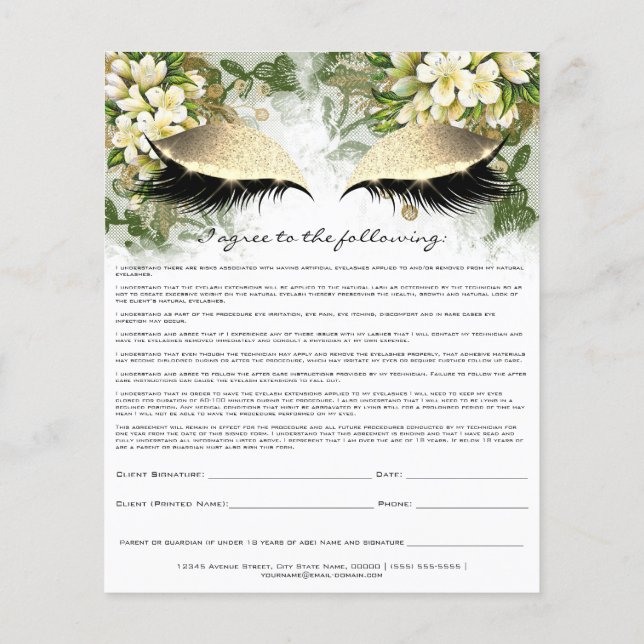 Eyelash Extension Liability Waiver Gold Floral Lux Flyer (Hinten)