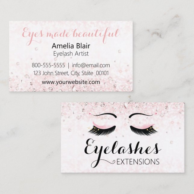 Eyelash Extensions Glitzern und Diamonds Pink Visitenkarte (Vorne/Hinten)