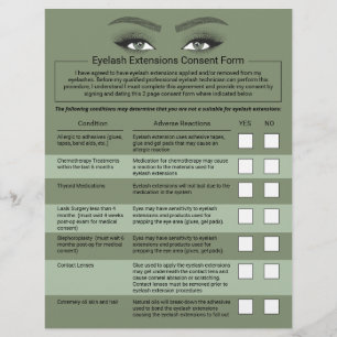 Eyelash Extensions Haftung Waiver Green Salon Flyer