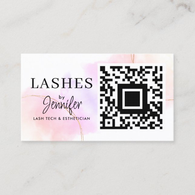 Eyelash Extensions QR Code Aquarellfarbe Rosa Gold Visitenkarte (Vorderseite)