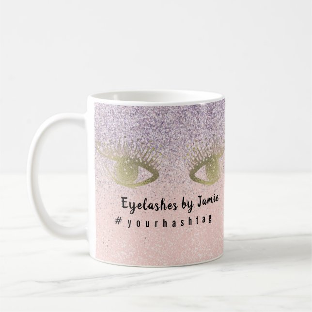 Eyelash Salon Business Glitzer Pink Gold Script Kaffeetasse (Links)