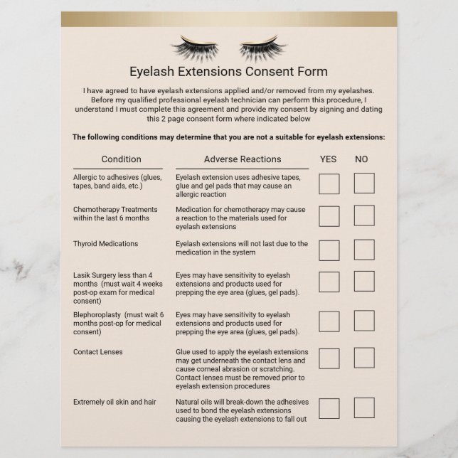 Eyelash Salon Haftung Waiver Gold Border Flyer (Vorne)