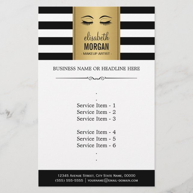 Eyelashes Eyebrows Gold Schwarz-weiß Stripes Flyer (Vorne)