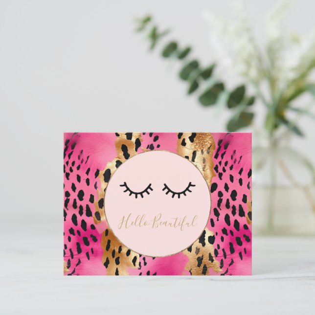 Eyelashes Girly Pink Glam Black Gold Leopard Postkarte (Stehend Vorderseite)