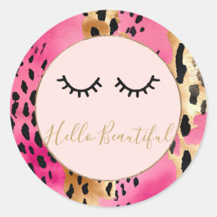 Eyelashes Girly Pink Glam Black Gold Leopard Runder Aufkleber