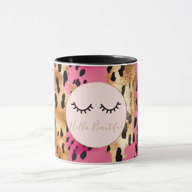 Eyelashes Girly Pink Glam Black Gold Leopard Tasse (Zentrum)