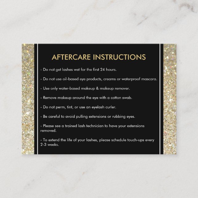 Eyelashes mit Gold Glitzer Salon Aftercare Card Visitenkarte (Vorderseite)