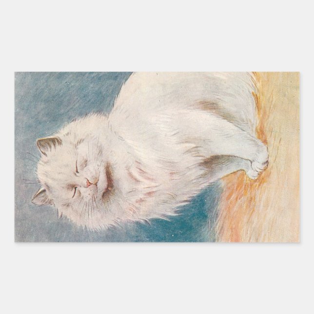 Eyes Shut White Cat Illustration von Louis Wain Rechteckiger Aufkleber (Vorderseite)