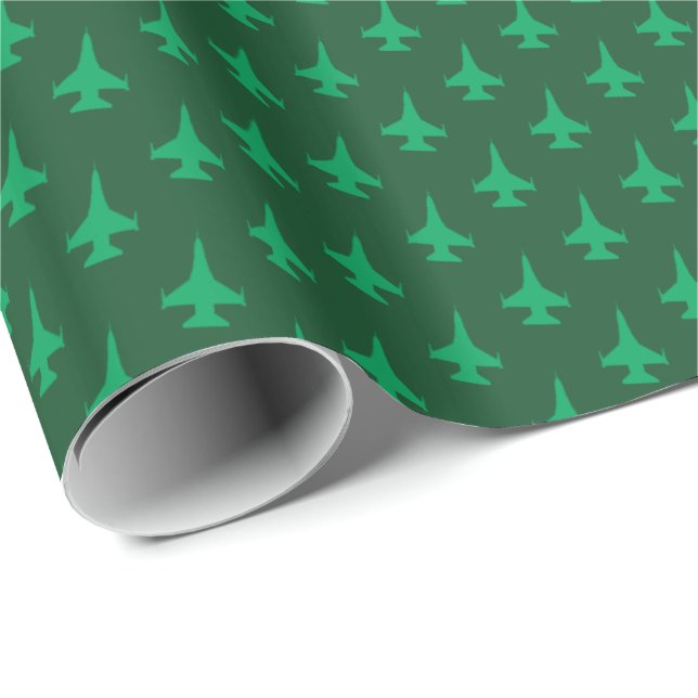 F-16 Viper Fighter Jet Pattern Green auf Green Geschenkpapier (Rolleneckpunkt)