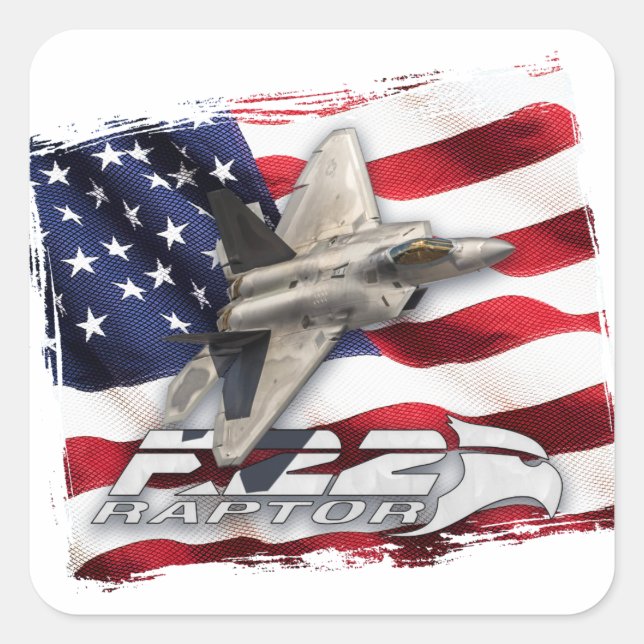 F-22 Raptor und amerikanische Flagge Quadratischer Aufkleber (Vorderseite)