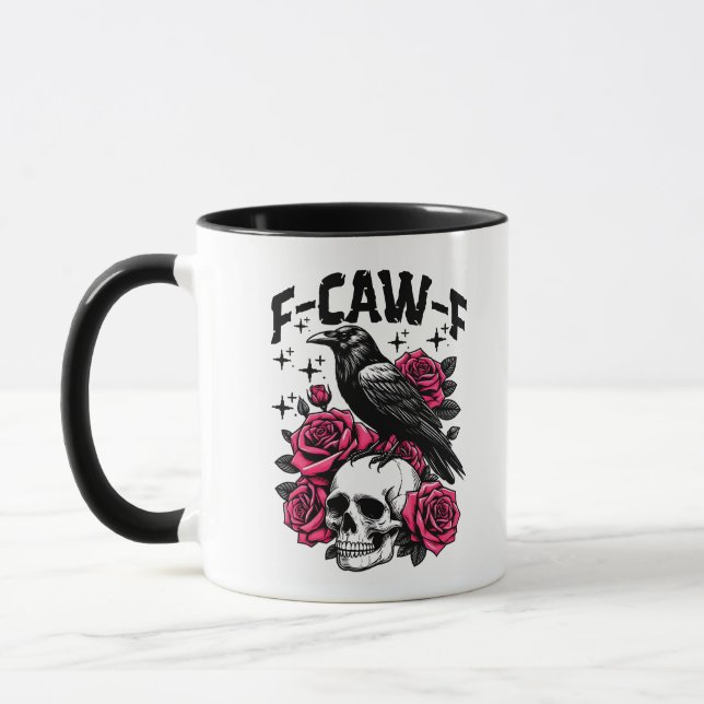 "F-CAW-F" Gothic Crow Skull & Pink Roses Mug Tasse (Links)
