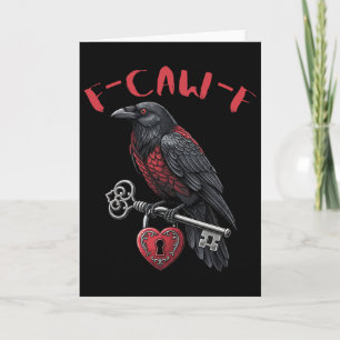 F-caw-f Schwarze Krähe hält Herzschloss und Schlüs Karte