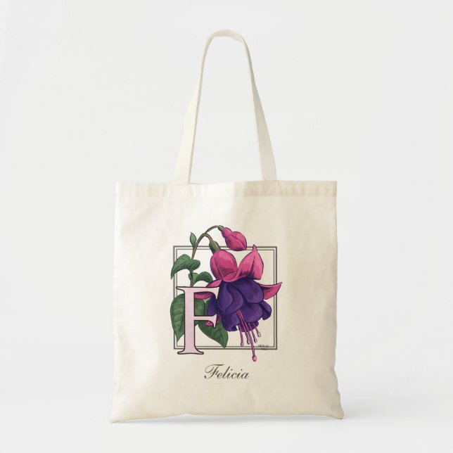 F für pinkfarbene Blumen-Monogramm-Tasche Tragetasche (Vorne)