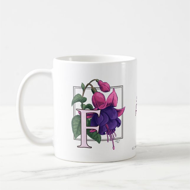 F für pinkfarbenes Blumen-Monogramm Kaffeetasse (Links)