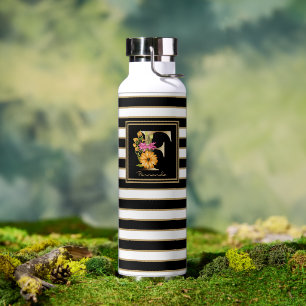 F Gold Floral Monogram   Schwarz-weiße Streifen Trinkflasche