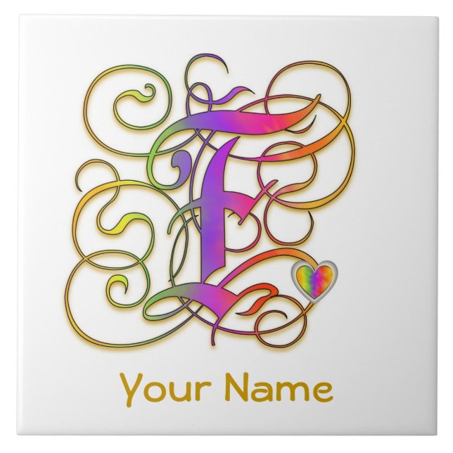 F Monogram, Ihr Name "Gothic Rainbow" Keramik Tile Fliese (Vorderseite)
