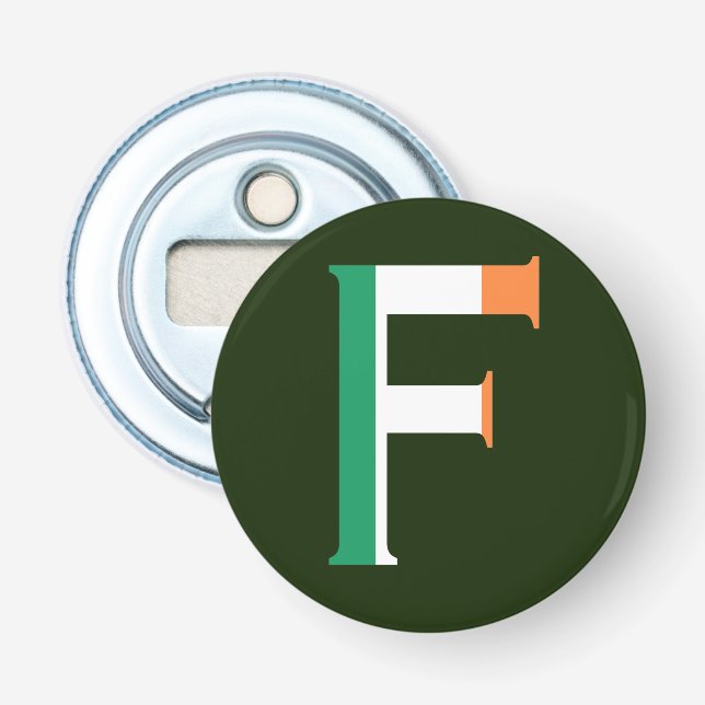 F Monogram überlagert sich auf irischer Flagge Flaschenöffner (Vorderseite)