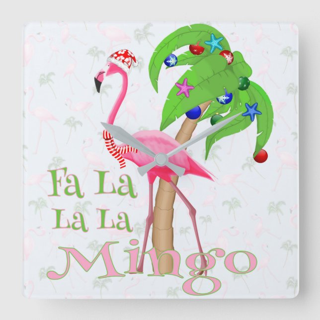 Fa La Flamingo Xmas Quadratische Wanduhr (Vorderseite)