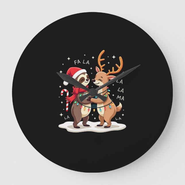 Fa La La Llama Xmas Lights Sloth Riding Llama Chri Große Wanduhr (Vorderseite)