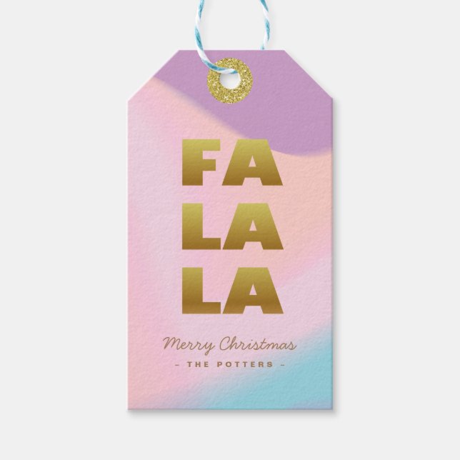 Fa La La | Pastell Gradient & Gold Weihnachten Geschenkanhänger (Vorderseite)