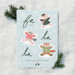 Fa La La Snow Angel Woodland Animals Fun Winter Feiertagskarte<br><div class="desc">Celebrate the magical and festive holiday season with our custom woodland animal snow angel holiday card. The design features our typographic design "Fa La La" with three woodland animals (mouse, raccoon, and fox making snow angels in the snow. Customized with your monogram initial placed on the fox's shirt and your...</div>