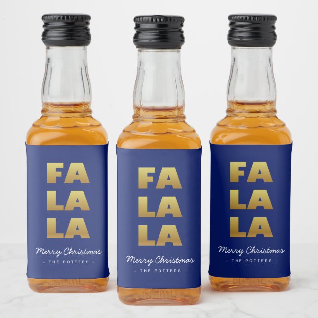 Fa La La | Spaß Weihnachten Blau & Gold Alkoholflaschenetikett (Flaschen)