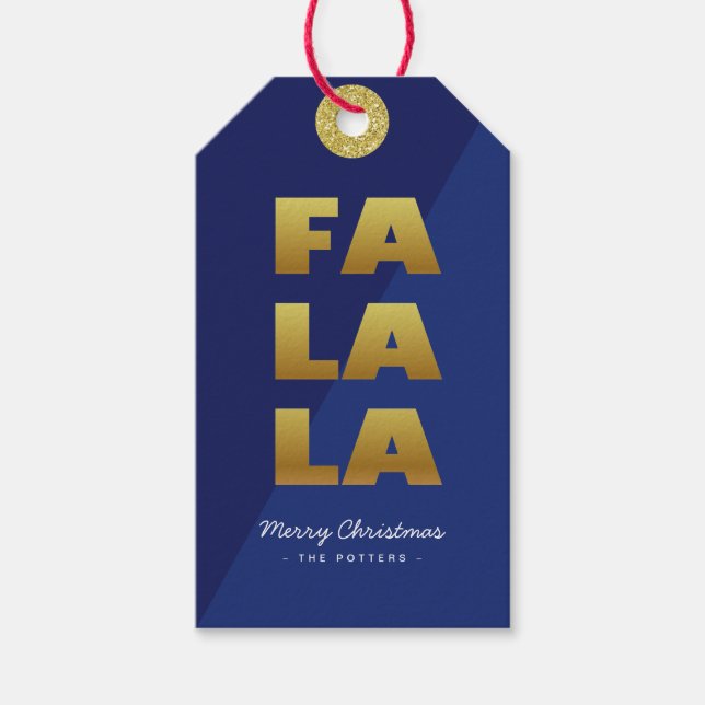Fa La La | Spaß Weihnachten Blau & Gold Geschenkanhänger (Vorderseite)