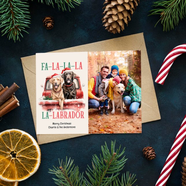 FA LA LABRADOR DOG RED TRUCK MURRY CHRISTMAS FEIERTAGSKARTE (RETRIVERS LOVER FA LA LA LABRADOR CHRISTMAS SINGLE PHOTO FAMILY CARD WITH DOG THEME RED TRUCK)