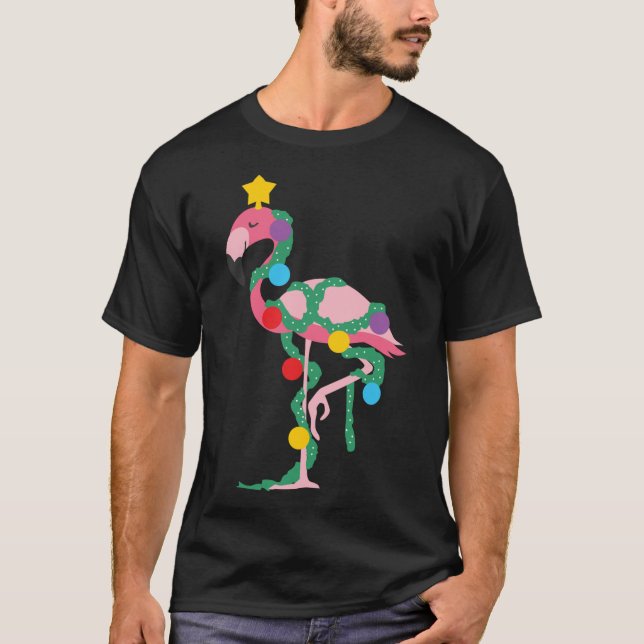 Fa La Mingo Pink Flamingo Weihnachtsbaum Lichter T-Shirt (Vorderseite)