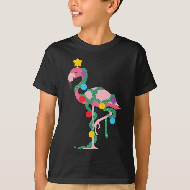 Fa La Mingo Pink Flamingo Weihnachtsbaum Lichter T-Shirt (Vorderseite)