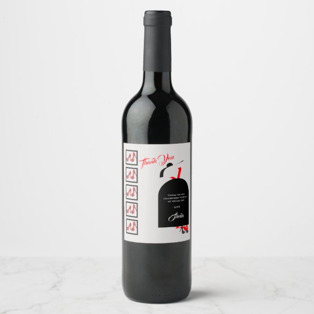 Fab Silhouette Glam Red Black Shoes Danke Geburtst Weinetikett (Vorderseite)