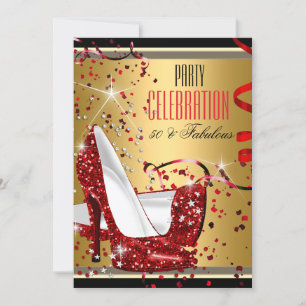Fabelhafte 50 rote High Heels Gold 50. Geburtstags Einladung