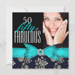 Fabelhafte 50 Teal Blau Navy Damast Geburtstagsfei Einladung