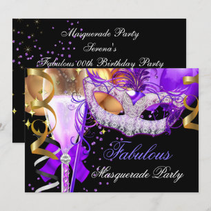 Fabelhafte lila-goldene schwarze Maskenparty 3 Einladung