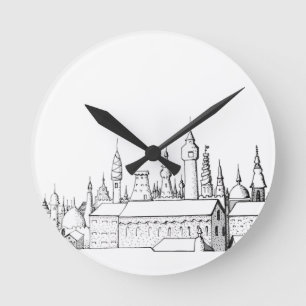 Fabelhafte Stadt . Kunstwerk . Schwarz und Weiß Runde Wanduhr